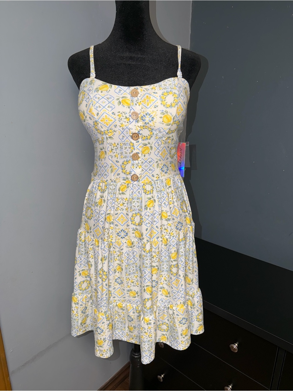 Derek Heart White and Yellow Padded Floral Button-Front Mini Dress